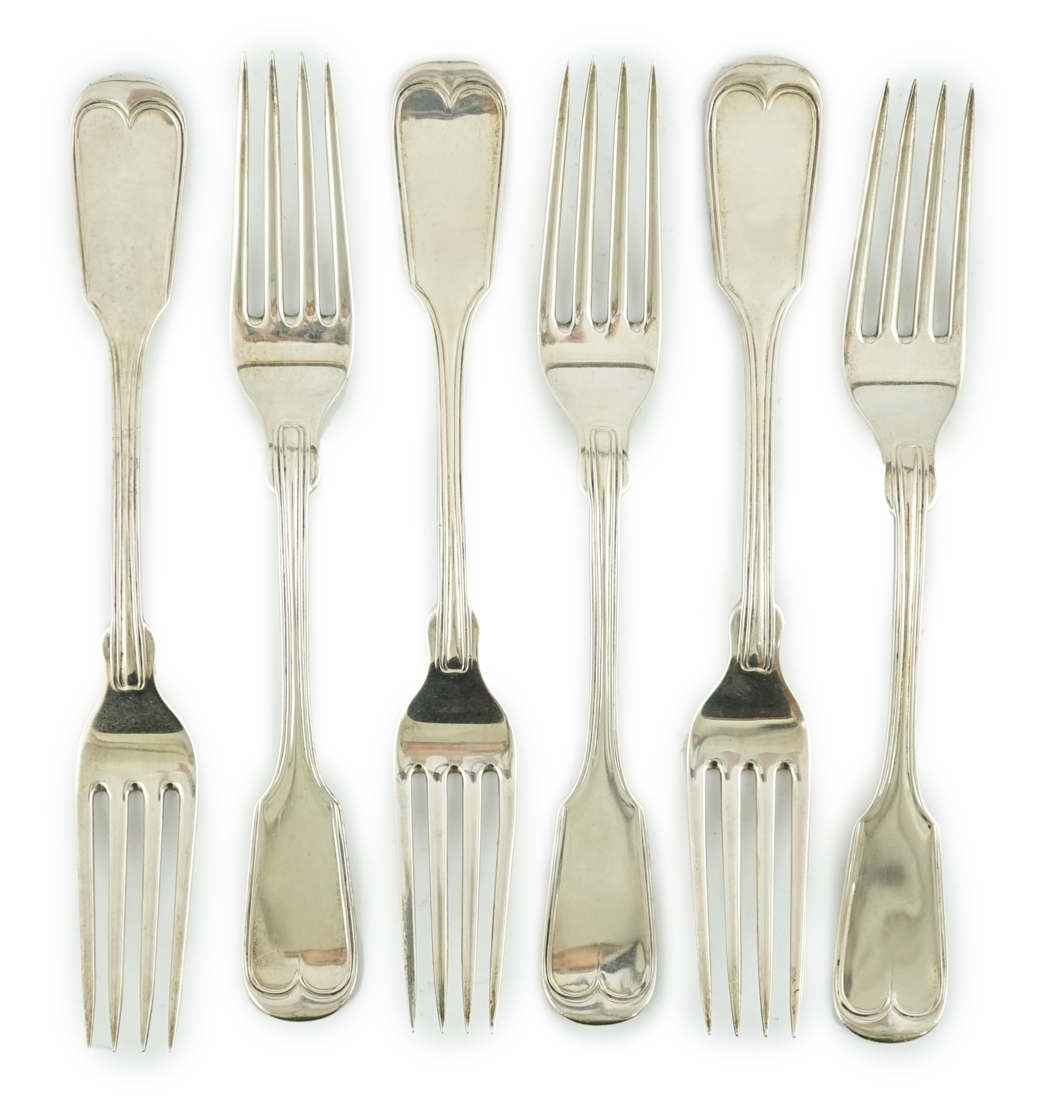 A set of six mid 19th century American silver fiddle and thread pattern table forks, by Bailey & Co, Philadelphia, circa 1860